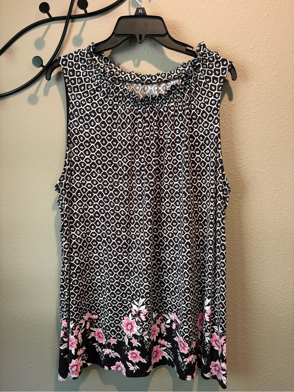 Women’s Black & White Sleeveless Top with Pink Floral Hem